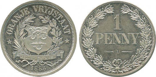 South Africa, Orange free state nickel-plated pattern penny, 1888V, estimated mintage of only 20. Price realized: £5,760. Baldwin’s image.