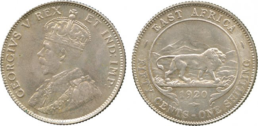 East Africa George V silver 50-cents/shilling, 1920A, struck in very limited quantities. Price realized: £4,320. Baldwin’s image.