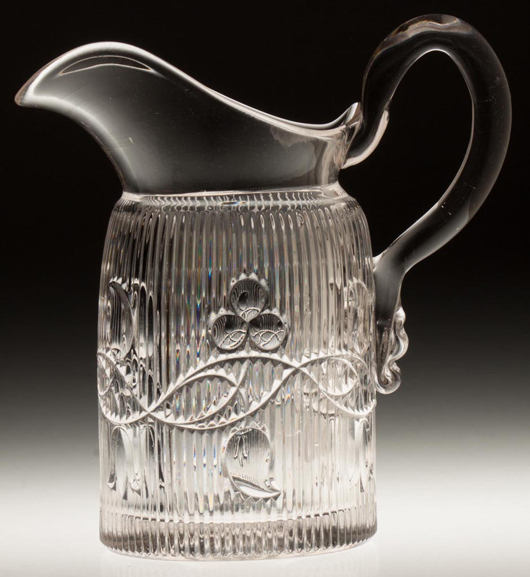 Bellflower double vine pint jug/cream pitcher, of colorless lead glass, attibuted to M’Kee & Brothers, third quarter, 19th century 6 1/2 inches, sold for $5,463. Jeffrey S. Evans & Associates image.