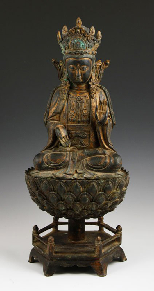 Chinese Ming gilt bronze Buddha. Kaminski Auctions image.