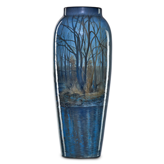 Carl Schmidt/Rookwood vase with winter scene. Estimate: $25,000-$35,000. Rago Arts & Auction Center image.