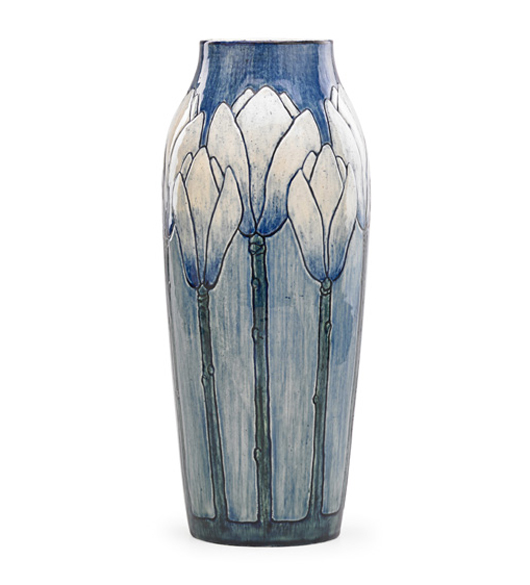 Harriet Joor/Newcomb College, fine early vase with magnolias. Estimate: $27,500-$37,500. Rago Arts & Auction Center image.
