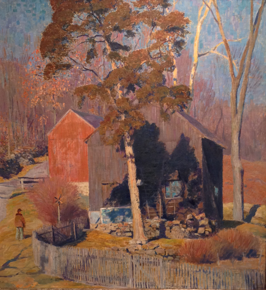 Daniel Garber (American 1880-1958), ‘Red Barn,’ 1948-1951, oil on canvas, signed. Estimate: $350,000-$550,000. Keno Auctions image.
