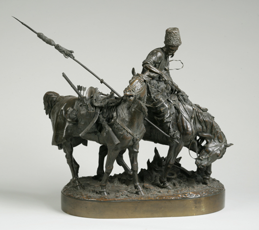 Evgeny Lanceray (Russian, 1848-1886), Russian bronze group: ‘Zaporezh Cossack After the Battle,’ bronze, 1874. Estimate: $15,000-$25,000. Keno Auctions image.