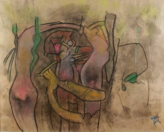 Roberto Matta (Chilean, 1911-2002), ‘Dai Petali Agli Stam,’ 1991, pastel and oil on buff colored paper, signed with initials. Estimate: $25,000-$45,000. Keno Auctions image.
