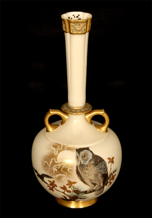 Royal Worcester two-handle vase, mold #784, in cream tones with owl, crow and branch décor. Woody Auction image.