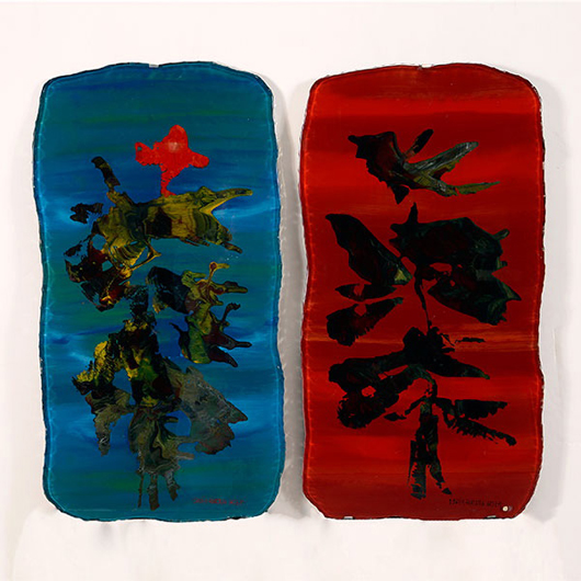 Duilio Bamabe, two contemporary Italian abstract floral reverse paintings on glass, signed ‘Dube Fontana Arte.’ Sold for $2,950. Michaan’s Auctions image.