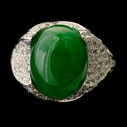 Jade, diamond, 14K white gold ring. Sold for $15,340. Michaan’s Auctions image.