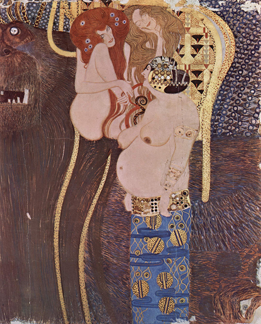 Detail from The Beethoven Frieze in Vienna, created by Gustav Klimt (1862-1918) in 1902. Image obtained from The Yorck Project. US public domain; painting has a copyright term of author's lifetime plus 70 years maximum.