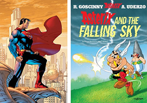 Left: Promotional art for Superman, Vol. 2, #204 (April 2004) by Jim Lee and Scott Williams, copyright DC Comics Inc. All rights reserved. Fair use of low-resolution copyrighted image based on the rationale that no free alternative can exist, given the likeness of the character Superman is a trademark and thus protected. Image was released to the media to promote a particular issue. Right: Cover of 'Asterix and the Falling Sky,' date of publication Sept. 2005. Fair use of copyrighted low-resolution image to illustrate an article about the subject of Asterix and to identify the subject of the image that is critically discussed in the article. Copyright is assumed to belong to either the artist who created the cover or the publisher of the book.