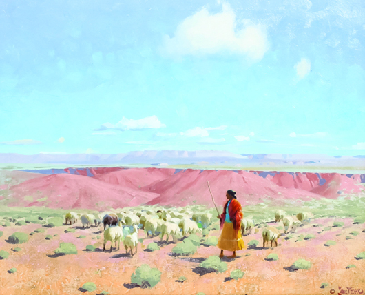 Gerard Curtis Delano (American, 1890-1972), ‘Navajo Sheep 3,’ oil on canvas, signed Delano (lower right), titled and inscribed (verso), 22 x 27 inches. Estimate: $30,000-$50,000. Leslie Hindman Auctioneers.