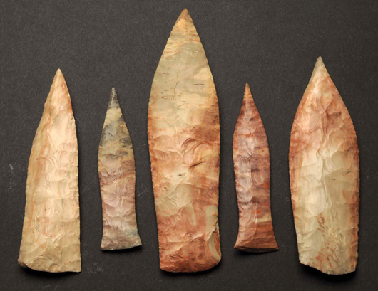 Lot of 5 Copena cache pieces that combine master craftsmanship with a medley of local Beech Creek/Horse Creek chert. Found in Hardin County, Tennessee. Est. $10,000-$20,000. Morphy Auctions image.