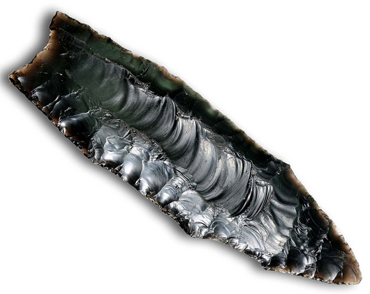 Star of the auction, the Rutz Clovis Point, sea green obsidian, 9¾ in, discovered by Les Ira Kreis in the early 1950s in a wheat field on Badger Mountain, near the community of Badger Creek Springs, Washington. Est. $200,000-$400,000. Morphy Auctions image.