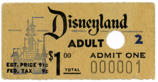 Disneyland ticket No. 1 purchased by Roy O. Disney. Image courtesy of Museum of Science and Industry, Chicago.