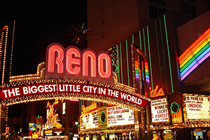 Night view of downtown Reno, Nevada, including the famous arch over Virginia Street. Photo by Eelke Folmer.