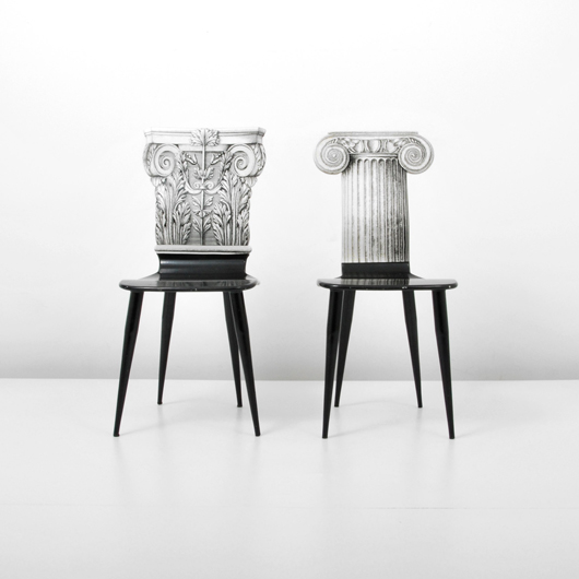 Piero Fornasetti (Italian, 1913-1988) for Fornasetti Milano, pair of wood and metal graphic trompe l’oeil chairs; signed, marked and dated 1987. Est. $1,500-$2,500. Palm Beach Modern Auctions image.