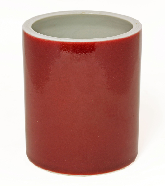 Chinese ox-blood brush pot, nearly 5 1/4 inches high, fetched £13,500 ($21,828). Sworders Fine Art Auctioneers image.