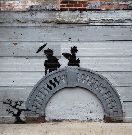 This Oct. 17, 2013 Banksy's depiction of geishas crossing a bridge was defaced, leading to tighter security around the artwork. It appears on a wall in New York's Williamsburg neighborhood. Image courtesy of Banksy.