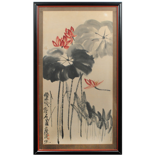 Qi Baishi (Chinese, 1864-1957), ‘Lotus,’ signed, ink and watercolor on paper, 59 x 32 inches. Provenance from the 1930s. Auction Gallery of the Palm Beaches.