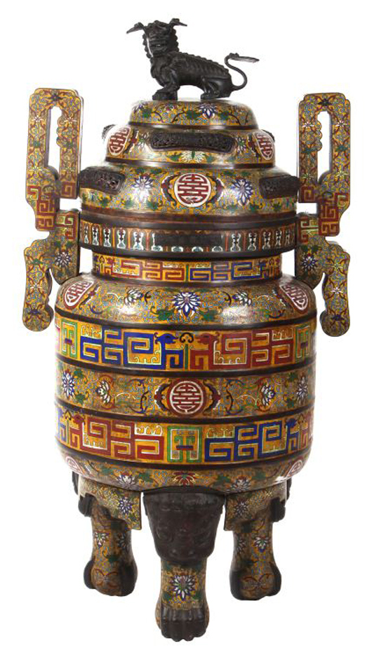 Lot 1: 19th/20th century Chinese palace-size cloisonné censer. Gray’s Auctioneers and Appraisers image.