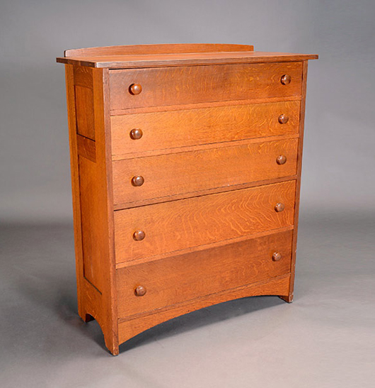 Lot 3034: L. & J.G. Stickley five-drawer chest. Sold for $5,310. Michaan's Auctions image. 