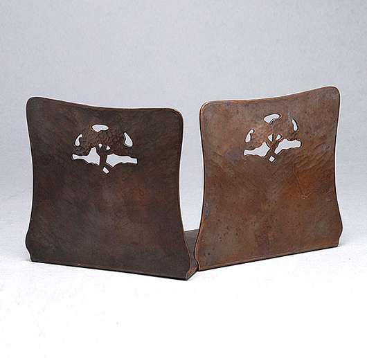 Lot 3087: Van Erp bookends with oak tree cutout. Sold for $1,416. Michaan's Auctions image. 