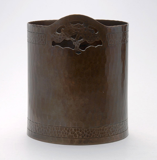 Lot 3093: Van Erp brush pot with oak tree cutout. Sold for $3,540. Michaan's Auctions image. 