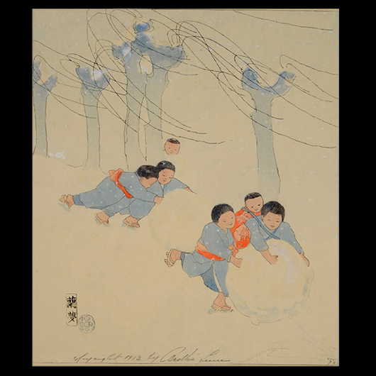 Lot 3099: Bertha Lum, 1912, 'Children in the Snow.' Sold for $1,180. Michaan's Auctions image.