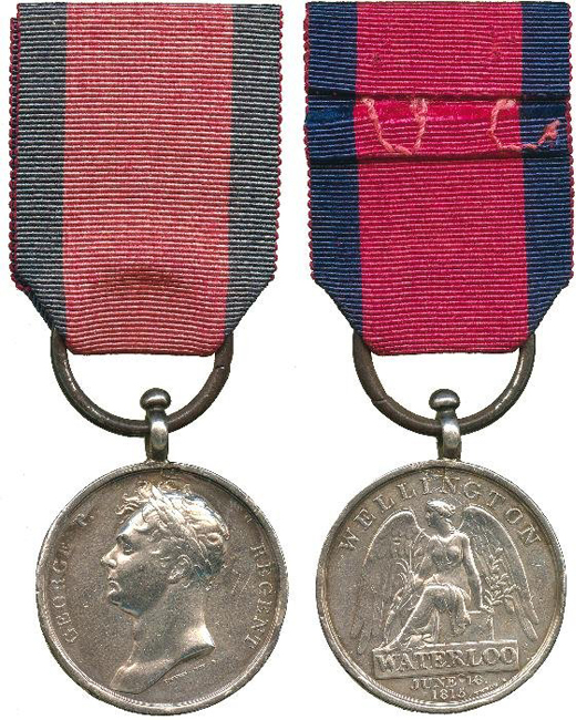 Waterloo Medal, 1815, with contemporary silver replacement clip and steel ring suspension (Edmond Barrowcliffe, 2nd Battalion 3rd Regiment Guards). Estimate:  £2,500-£3,000. Baldwin’s and Dreweatts image.