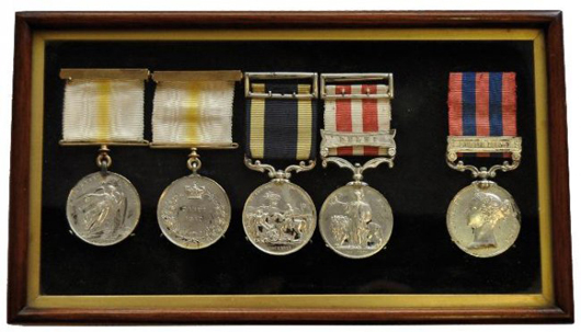 Afghan and Indian Campaigns group of four medals awarded to Maj. Gen. Henry Pelham Burn along with an India General Service Medal, 1854-95, Burma 1885-7, awarded to his eldest son, Capt. Henry Pelham Burn. Estimate: £4,000-£6,000. Baldwin’s and Dreweatts image.