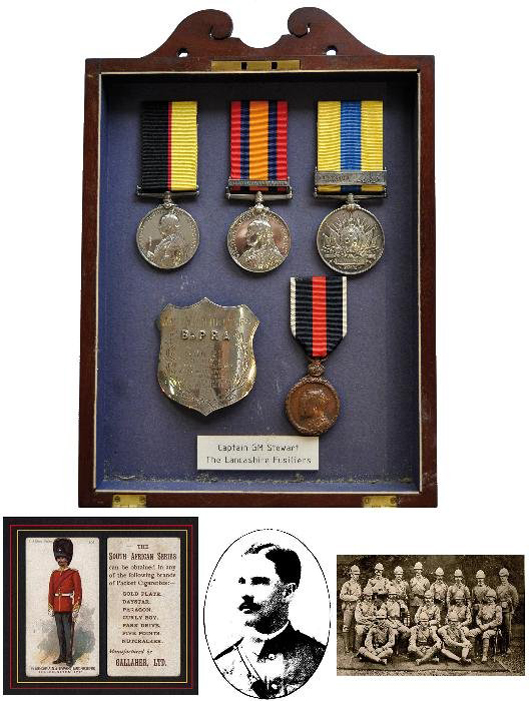 Important Boer War Officer Casualty Group of four awarded to Capt. Gilbert MacDonald Stewart, 2nd Battalion Lancashire Fusiliers, killed in action at Spion Kop. Estimate: £3,000-£4,000. Baldwin’s and Dreweatts image.