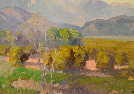 Lot 048: Franz Arthur Bishoff (American, 1864-1929), ‘California Foothills,’ oil on canvas laid to board. Estimate: $2,500-$3,500. Michaan’s Auctions image.