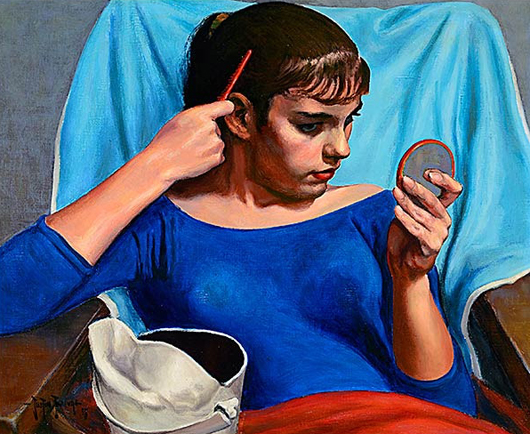 Lot 059: Justin Faivre (Californian, 1902-1990), ‘Woman Fixing Her Hair,’ oil on canvas. Estimate: $600-$800. Michaan’s Auctions image.