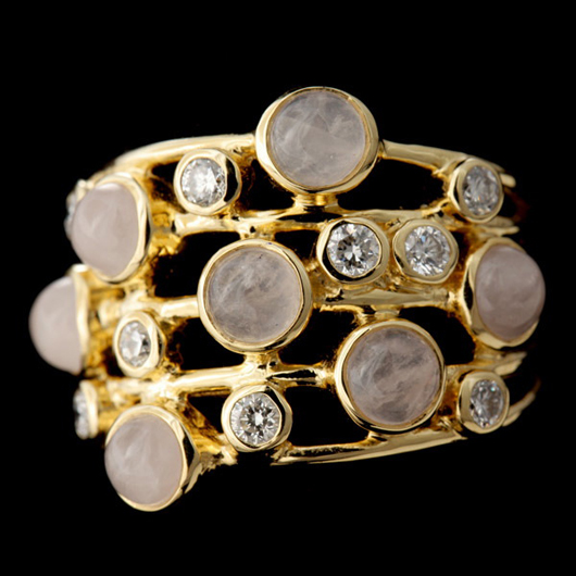 Lot 208: Ippolita rose quartz, diamond, 18K yellow gold ring. Estimate: $800-$1,200. Michaan’s Auctions image.