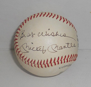 Baseball signed by Yankees legend Mickey Mantle, which is being auctioned Oct. 25 by Ivey-Selkirk Auctioneers. Image courtesy of LiveAuctioneers.com and Ivey-Selkirk Auctioneers.