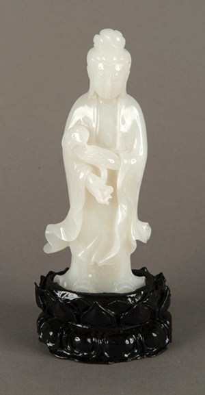 Lot 202A: fine Chinese white jade carved Kwanyin statue. Estimate: $2,500-$4,500. 888 Auctions image.
