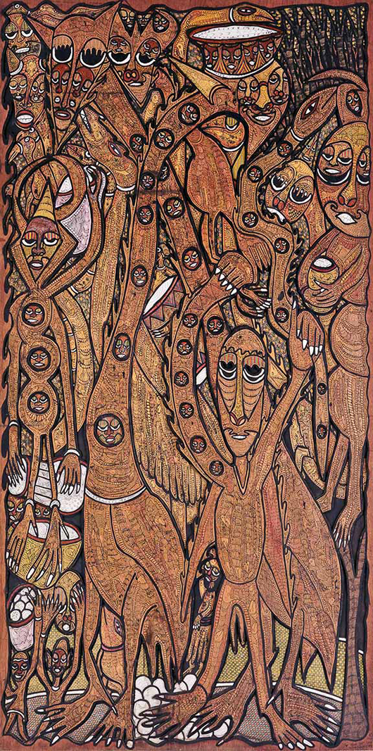 Lot 51: Prince Twins Seven Seven (Nigeria, 1944-2011), ‘Conference of Noisy Birds,’ ink, watercolor and oil on wood, a sculptor's painting on two carved and tiered layers of wood; Osogbo, 1978-1979, 4 x 8 feet. Estimate: $8,000-$12,000. Material Culture image.