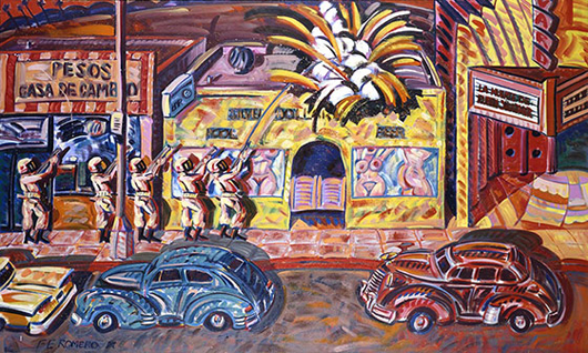 Frank Romero (American, b. 1941-), 'Death of Ruben Salazar,' oil on canvas, 72 1/4 x 120 3/8 in., Smithsonian American Art Museum purchase made possible in part by the Luisita L. and Franz H. Denghausen Endowment, © 1986, Frank Romero, 1993.19. Smithsonian American Art Museum, 3rd Floor, North Wing.