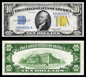 This US $10 Silver Certificate was printed in 1934. It is from the North Africa series of U.S. Silver Certificates ($1, $5, and $10), issued to the United States Armed Forces in Europe and North Africa during World War II. They are distinct with a bright yellow Treasury Seal. This Silver Certificate is in the collection of the Smithsonian National Museum of American History. Photo by Godot13.