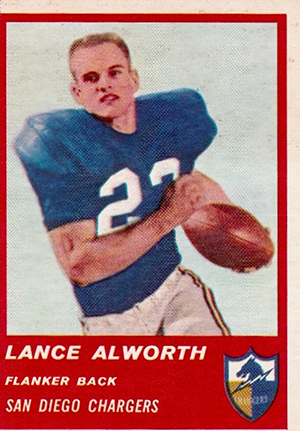 1963 Fleer Bubble Gum #72 football collector card depicting Lance Alworth, then flanker back for the San Diego Chargers. Image courtesy of LiveAuctioneers Archive and Fusco Auctions.