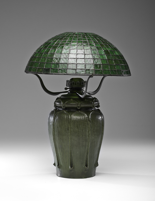 Grueby Pottery Kendrick vase with leaded glass shade. Estimate: $28,000-$30,000. Cowan's Auctions Inc. image.