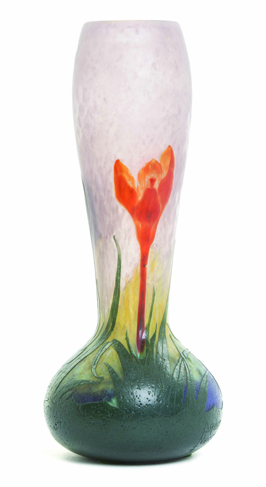 Gallé Crocus glass vase sold for $17,500. Leslie Hindman Auctioneers image.