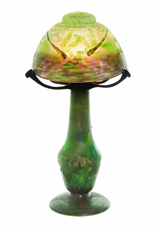 Daum cameo glass lamp realized $47,500. Leslie Hindman Auctioneers image.