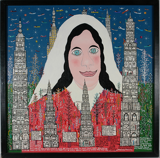 Howard Finster, ‘Vision Of Mary’s Angel, #6,908.’ Oct. 14, 1987. Signed, dated, titled and numbered. Enamel on wood. Frame is 49 inches by 49 inches. Estimate: $25,000-$35,000. Slotin Auction imge.