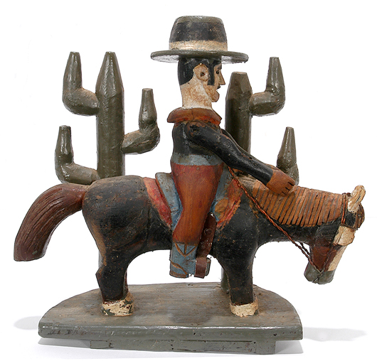 Mr. Benjamin, ‘Cowboy In Cactus Desert,’ circa 1930s-’40s. Carved and painted wood with copper wires, 10.5 inches by 4 inches by 11 inches high. Estimate: $1,000-$2,000. Slotin Auction imge.