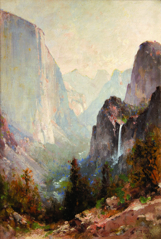 ‘Yosemite’ by Thomas Hill (1829-1908) reflects the artist’s dramatic style. Estimate: $15,000 to $25,000. Clars Auction Gallery image.  