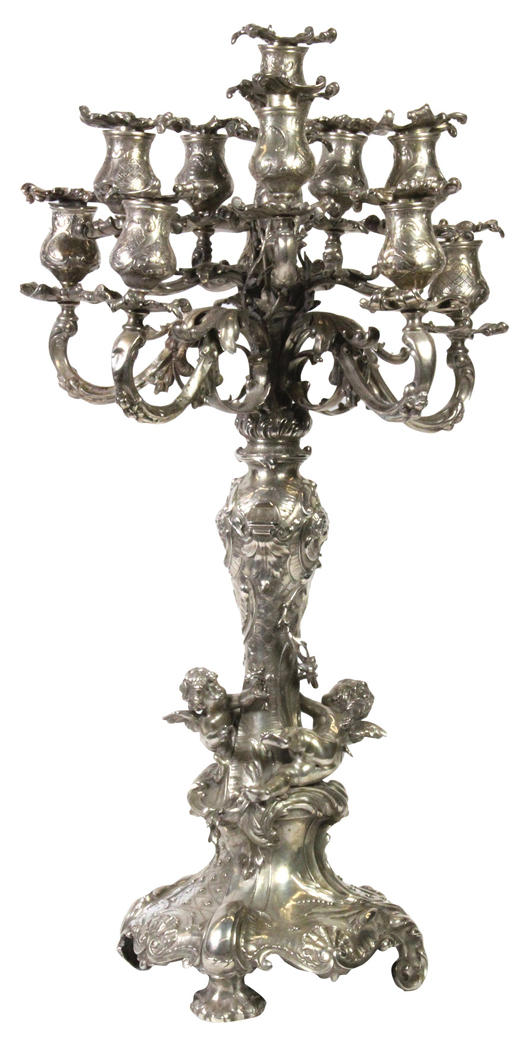 This Austro-Hungarian Renaissance Revival .800 silver 11-light candelabra, 1872-1922, stands 27 inches high, weighs 15 pounds and will be offered for $12,000 to $15,000. Clars Auction Gallery image.