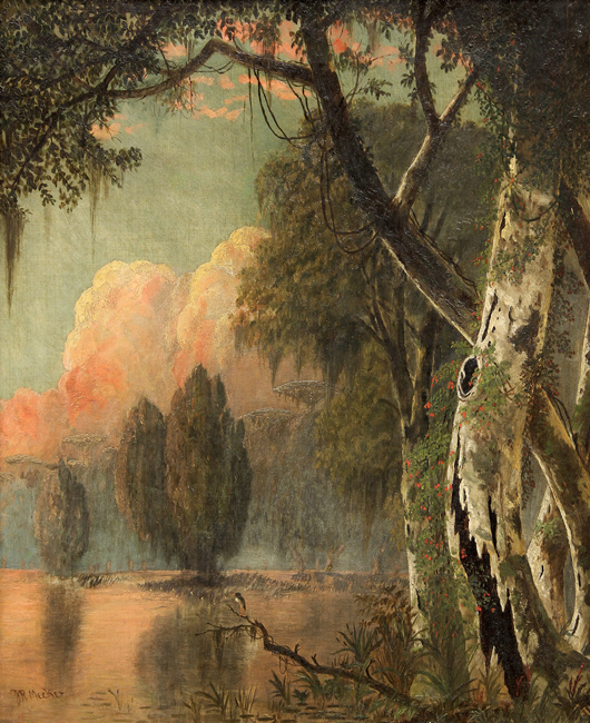 This spectacular painting by Louisiana artist Joseph Rusling Meeker (American, 1827-1889) titled ‘Near the Atchafalaya,’ 1853, is estimated to achieve $40,000 to $60,000. Clars Auction Gallery image.