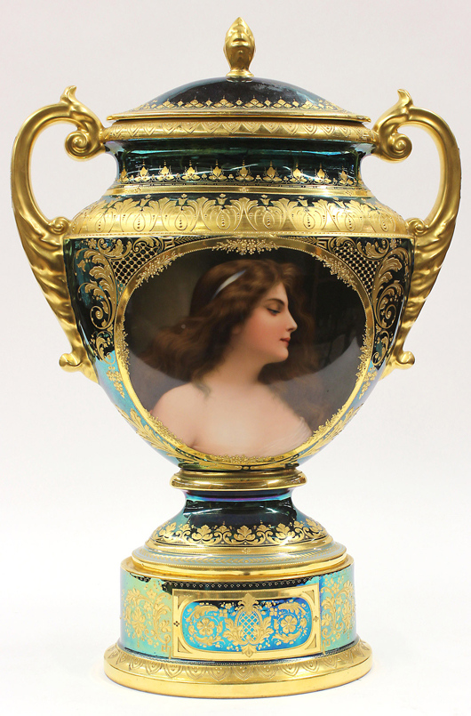 This monumental 19th century Royal Vienna porcelain urn stands 24 inches high. Estimate: $8,000 to $12,000. Clars Auction Gallery image. 