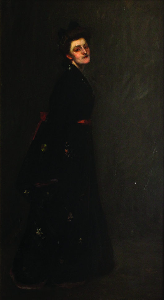 This signed oil on canvas titled ‘Black Kimono,’ circa 1903, by William Merritt Chase (American, 1849-1916) is an important work and will be offered for $60,000 to $80,000. Clars Auction Gallery image.  
